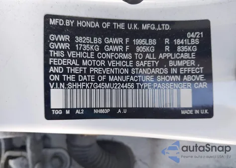 2021 Honda Civic Sport из США, поврежденный, VIN SHHFK7G45MU224456